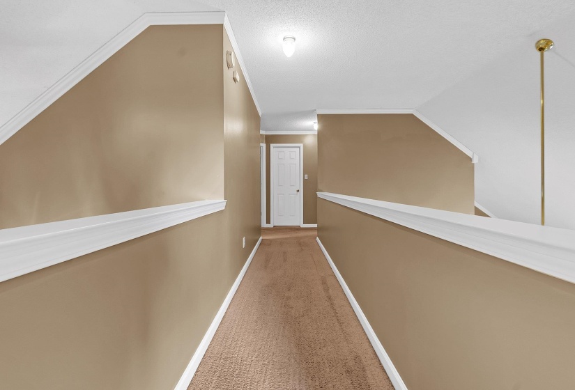 Carpeted hallway with neutral-toned walls, white trim, and a ceiling-mounted light fixture